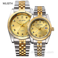 Relojes de marca WLISTH par de acero inoxidable de cuarzo reloj de lujo para amantes reloj de pulsera de diamantes de imitación con calendario de regalo fino para marido y papá